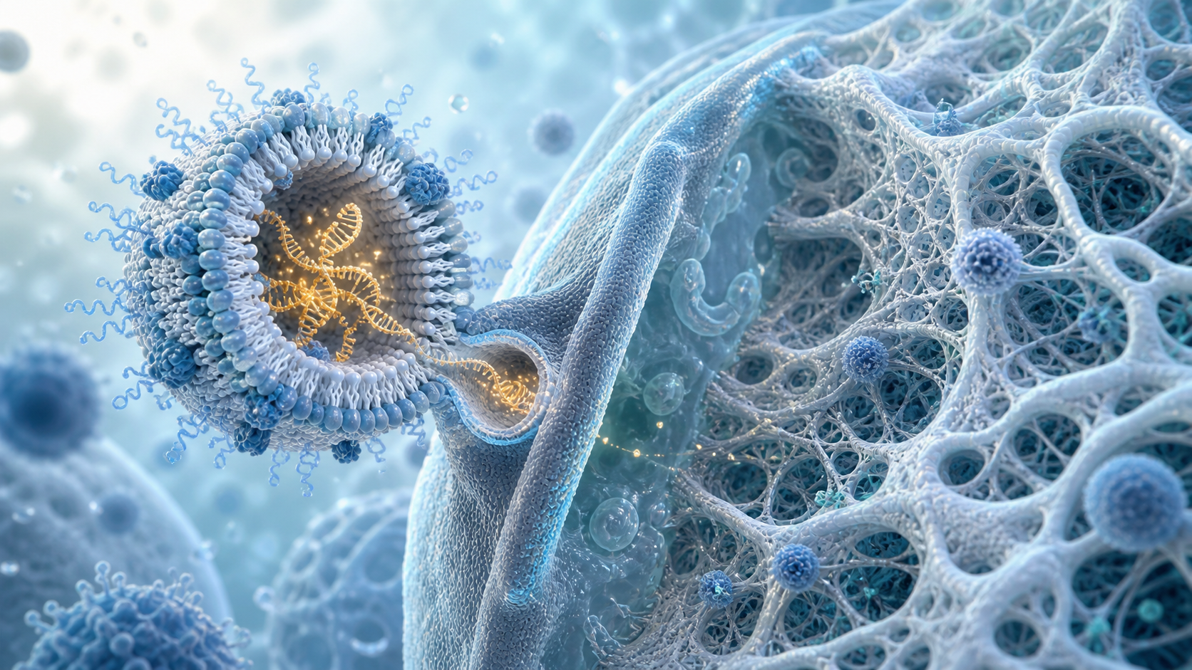 Lipid nanoparticle carrying genetic cargo beside a porous biomaterial scaffold